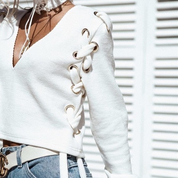 'Mira' Lace Up V-Neck Sweater - Picture 2 of 8